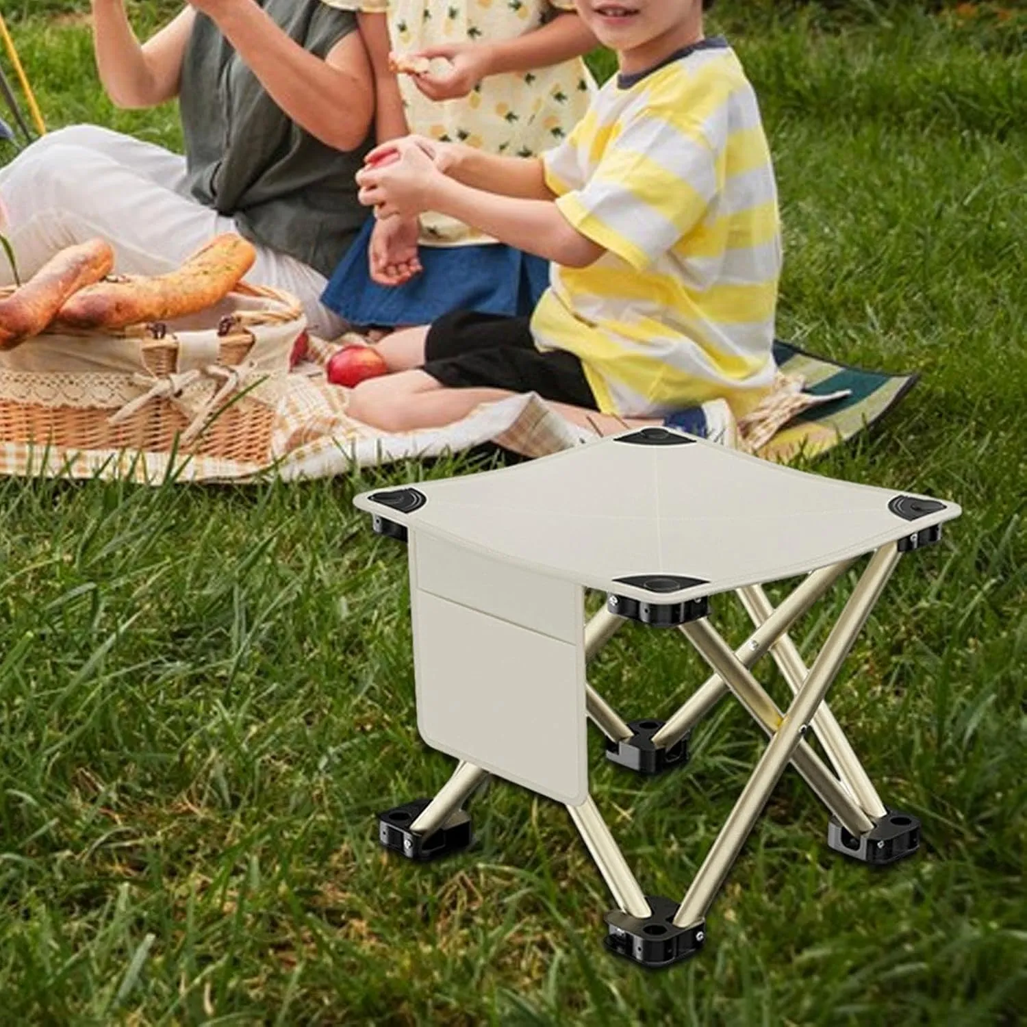 Folding Camping Stool Mini Foldable Chair Sturdy Multipurpose Footstool Portable for Park Fishing Hiking Gardening Walking, White, 28cmx28cmx23cm