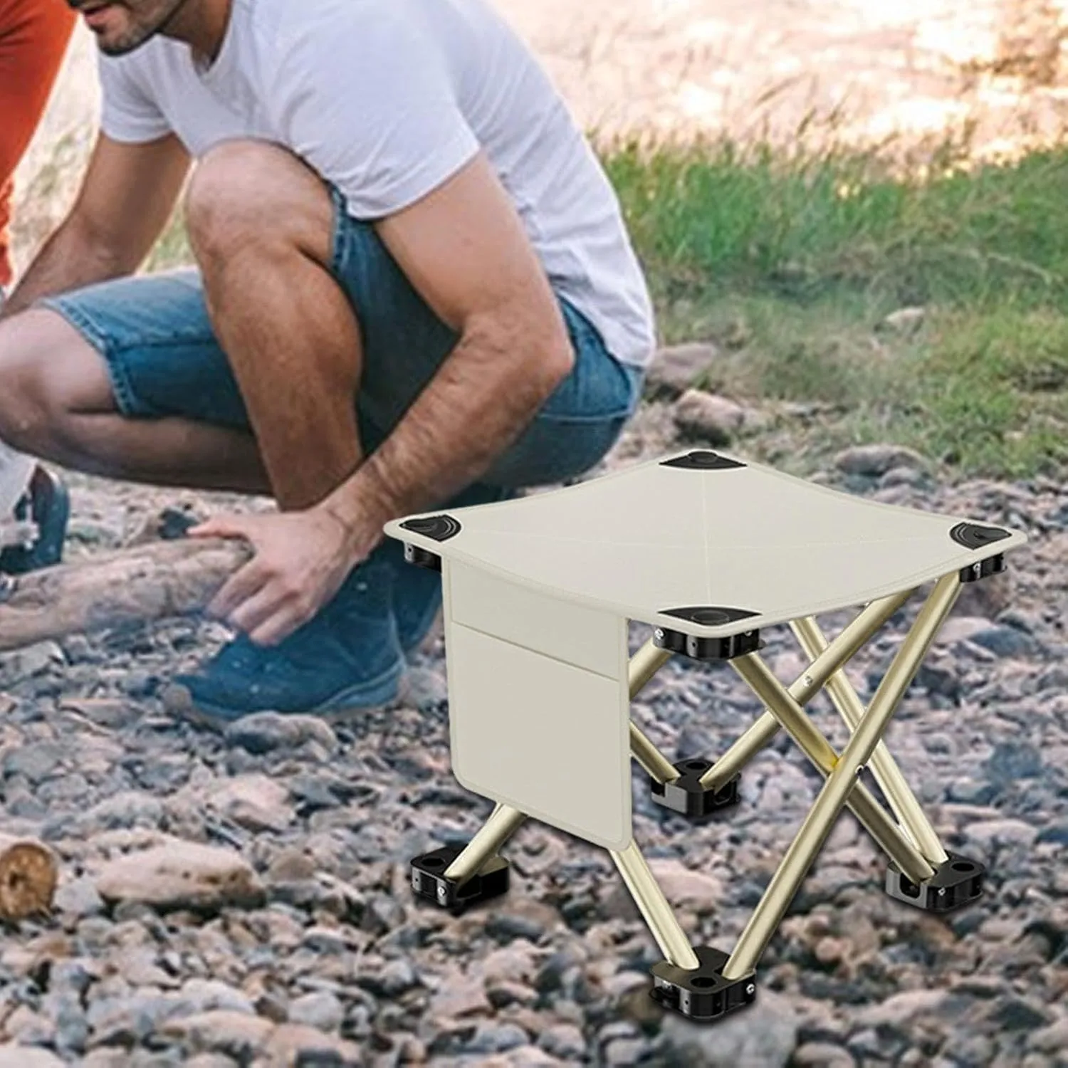 Folding Camping Stool Mini Foldable Chair Sturdy Multipurpose Footstool Portable for Park Fishing Hiking Gardening Walking, White, 28cmx28cmx23cm