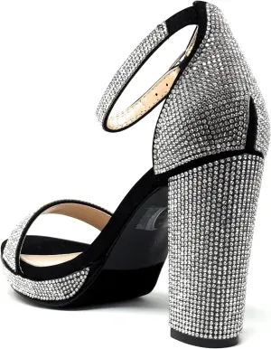 Forever Link Women's Rhinestones Ankle Strap Platform High Chunky Heels Party Sandal Pumps (Black, numeric_6_point_5)