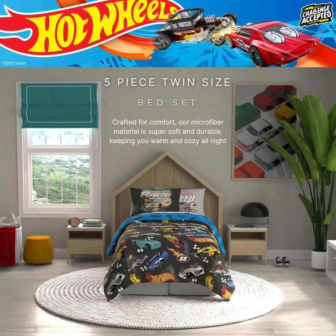 Franco Hot Wheels Kids Bedding Super Soft Comforter and Sheet Set with Sham, 5 Piece Twin Size, (Officially Licensed Product)