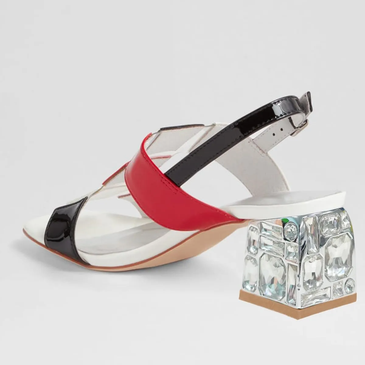 FSJ Women Open Toe Heeled Sandals Chunky Mid Heel Slingbacks T Strap Buckle Multicolor Band Crystal Block Heel Versatile Comfy Shoes Size 4-16 US