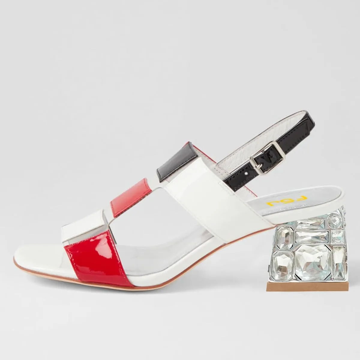 FSJ Women Open Toe Heeled Sandals Chunky Mid Heel Slingbacks T Strap Buckle Multicolor Band Crystal Block Heel Versatile Comfy Shoes Size 4-16 US