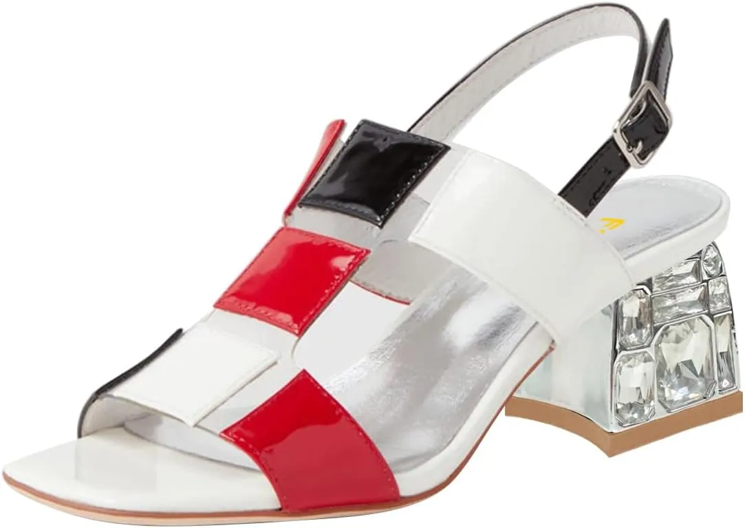 FSJ Women Open Toe Heeled Sandals Chunky Mid Heel Slingbacks T Strap Buckle Multicolor Band Crystal Block Heel Versatile Comfy Shoes Size 4-16 US