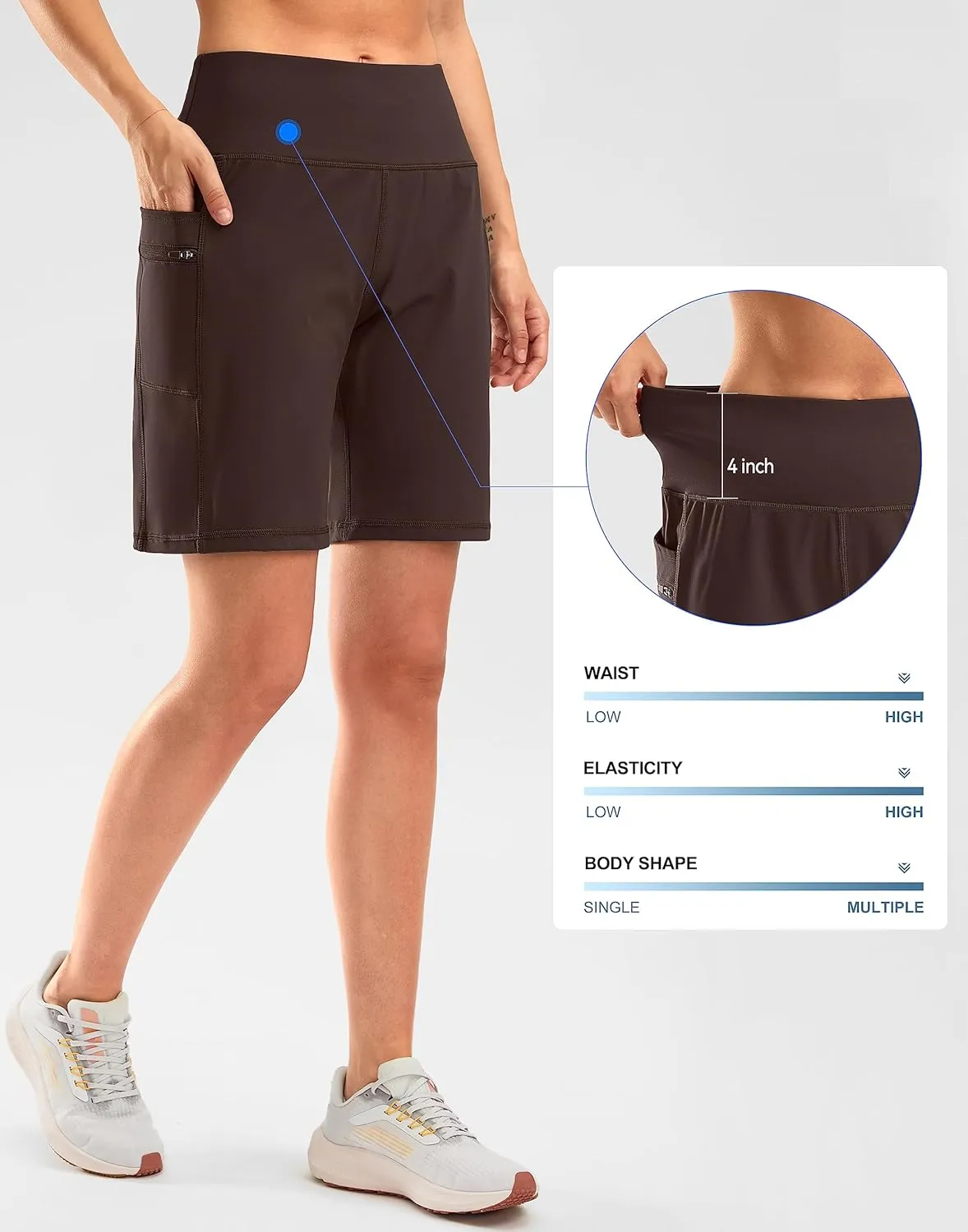 G Gradual Women's High Waisted 9" Bermuda Shorts with Zipper Pockets Athletic Workout Long Shorts for Women Knee Length