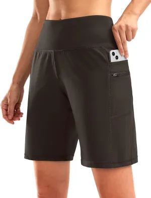G Gradual Women's High Waisted 9" Bermuda Shorts with Zipper Pockets Athletic Workout Long Shorts for Women Knee Length