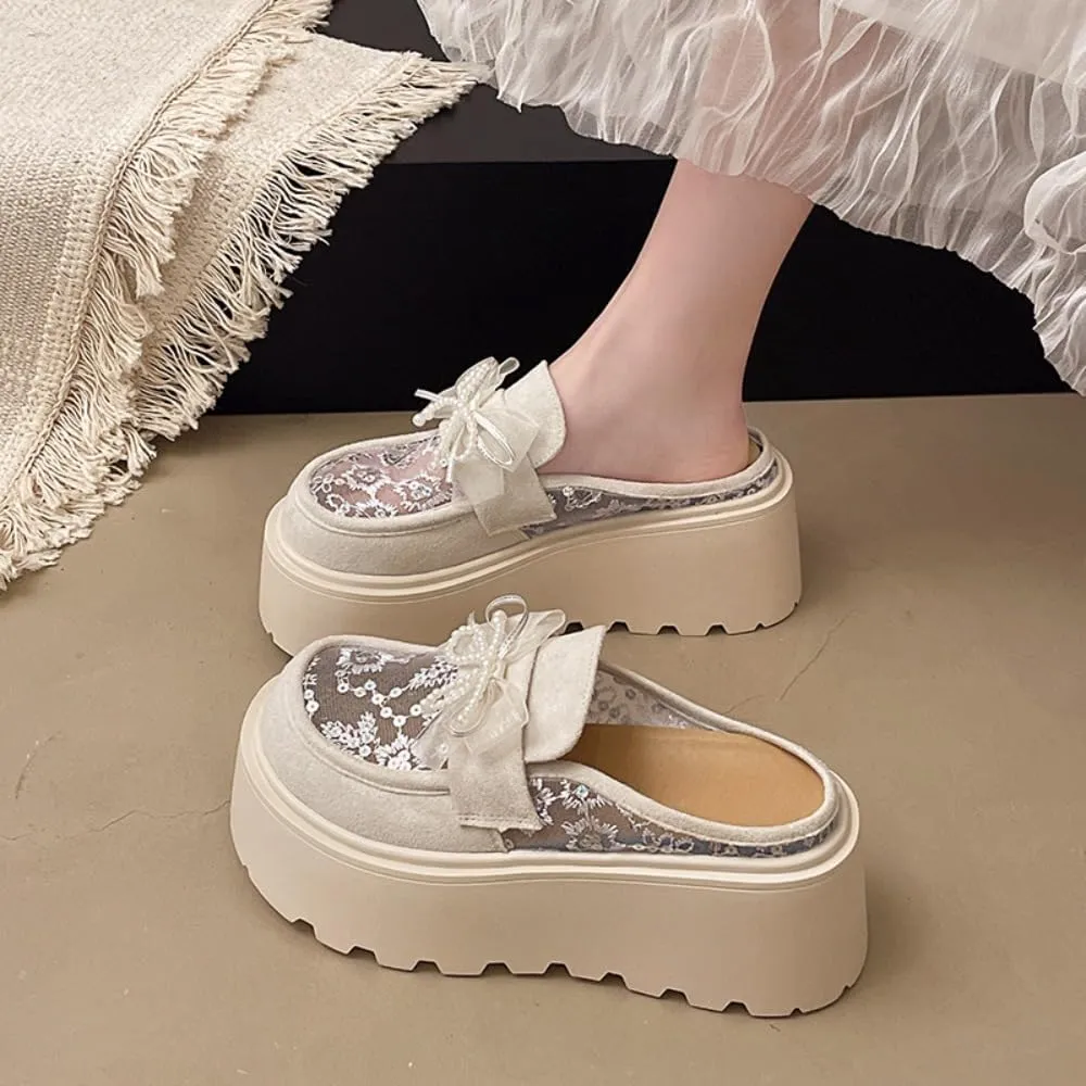Geerta Mesh Mary Jane Flats for Women Backless Tennis Shoes Slip on Mule Sneakers Platform Sandals Comfort Walking Slides Lightweight Breathable Casual Lace Up Dress Shoes Beach Party Cruise Vacation