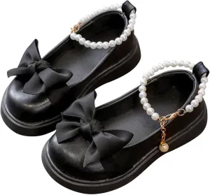 Girls Flat Shoes Princess Bowknot Dress Up Shoes Kids Thick Soft Sole Leather Heel Wedding Shoes with Pearl Buckle