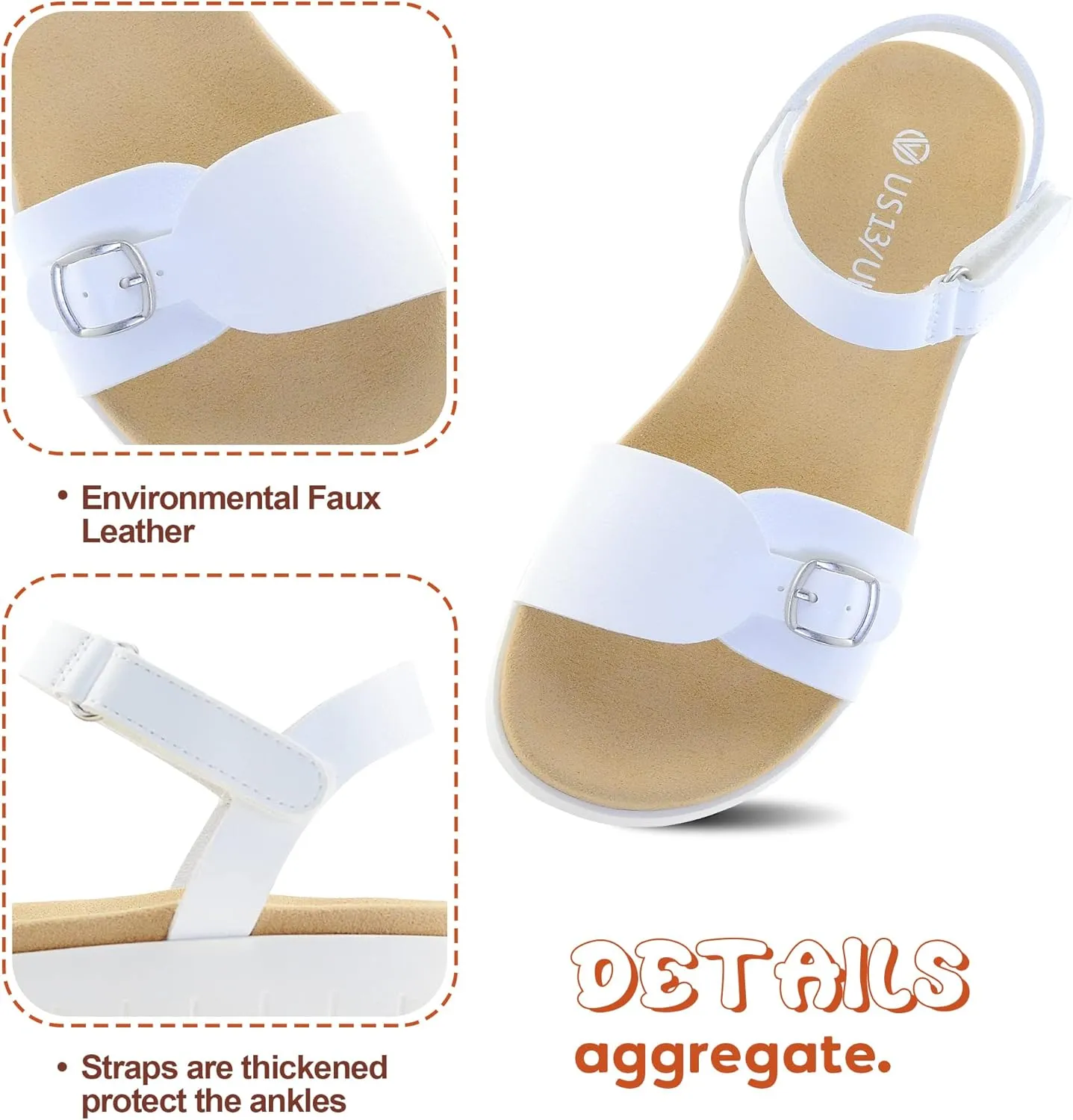 Girls Sandals: White & Orange Flat Sandals, Open Toe, Adjustable Strap, Size 13/1/2/3/4/5
