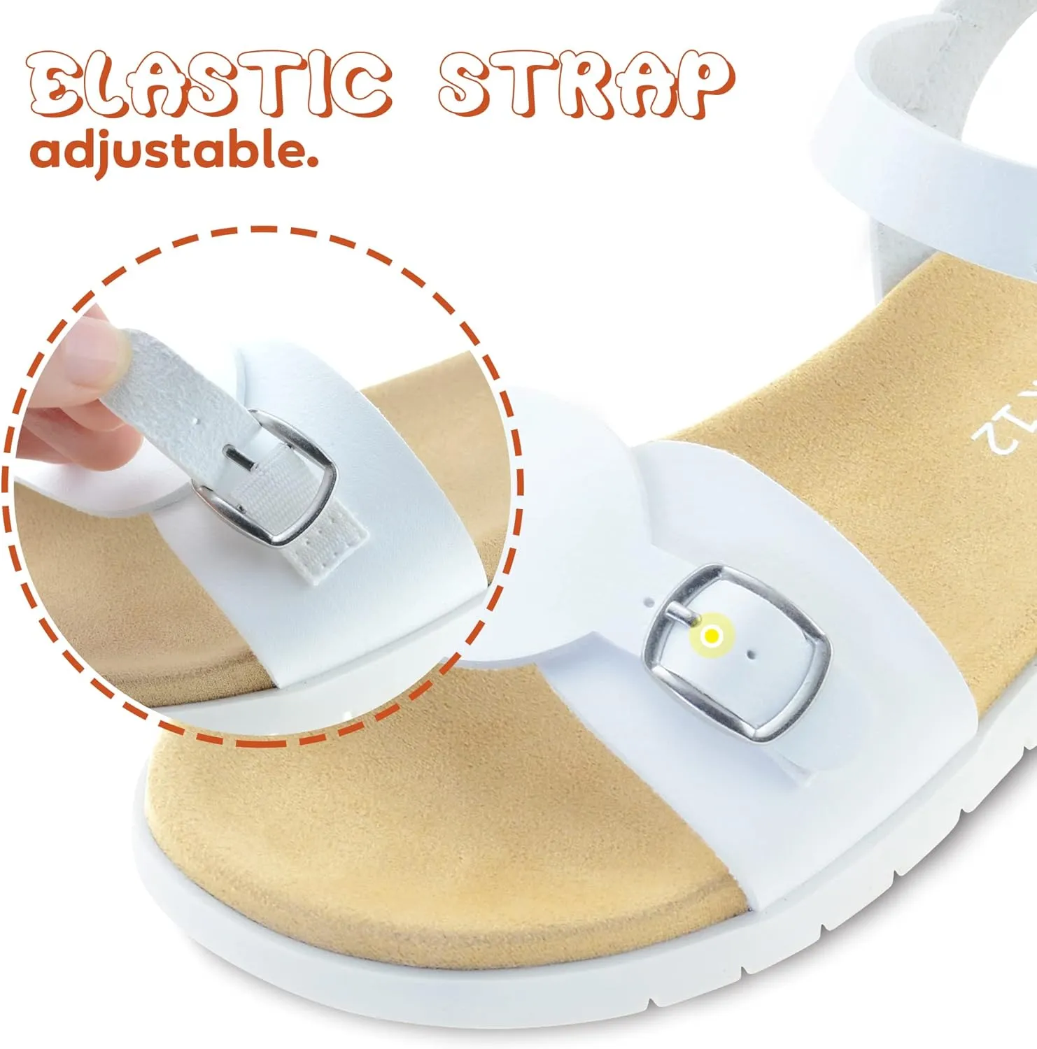 Girls Sandals: White & Orange Flat Sandals, Open Toe, Adjustable Strap, Size 13/1/2/3/4/5