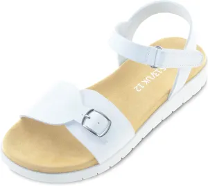Girls Sandals: White & Orange Flat Sandals, Open Toe, Adjustable Strap, Size 13/1/2/3/4/5
