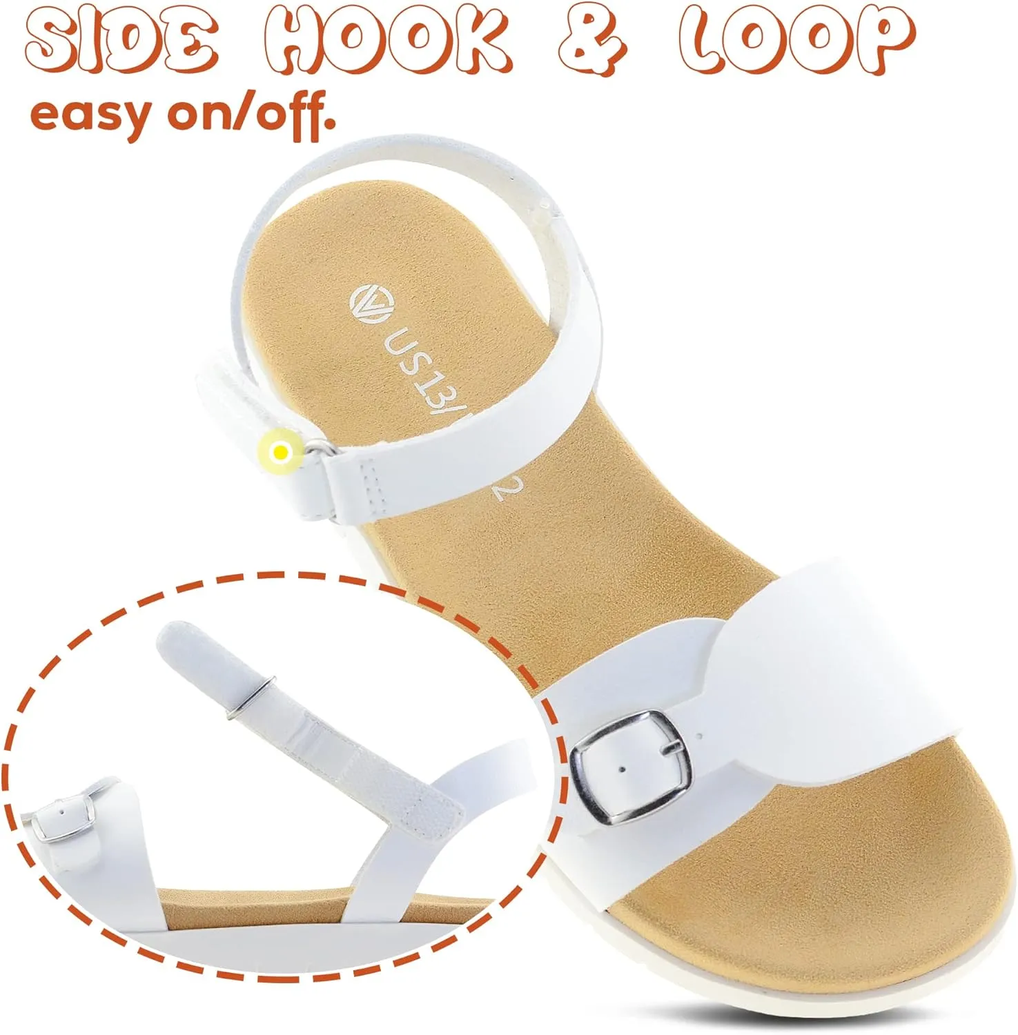 Girls Sandals: White & Orange Flat Sandals, Open Toe, Adjustable Strap, Size 13/1/2/3/4/5