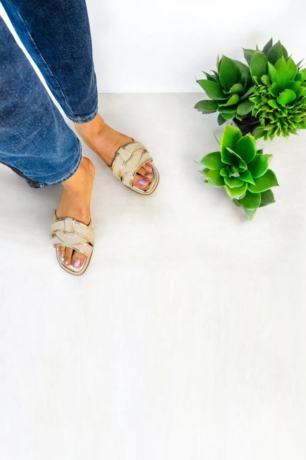 Gold Canvas Woven Flat Slider Sandal