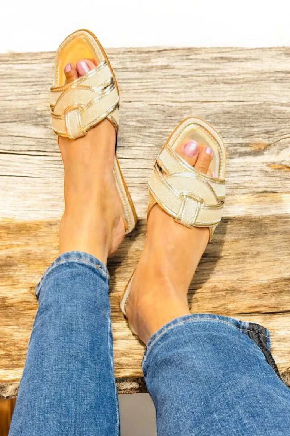 Gold Canvas Woven Flat Slider Sandal