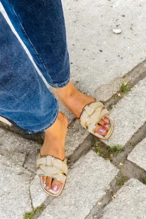 Gold Canvas Woven Flat Slider Sandal