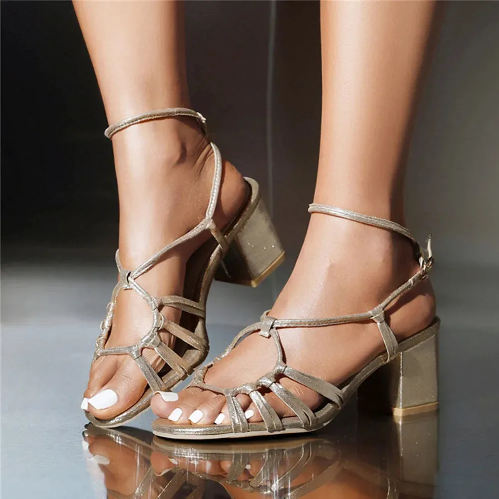 Gold Chunky High Heel Sandal with Thin Straps