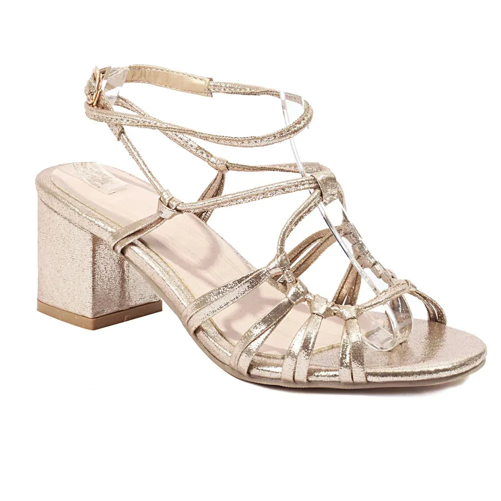 Gold Chunky High Heel Sandal with Thin Straps