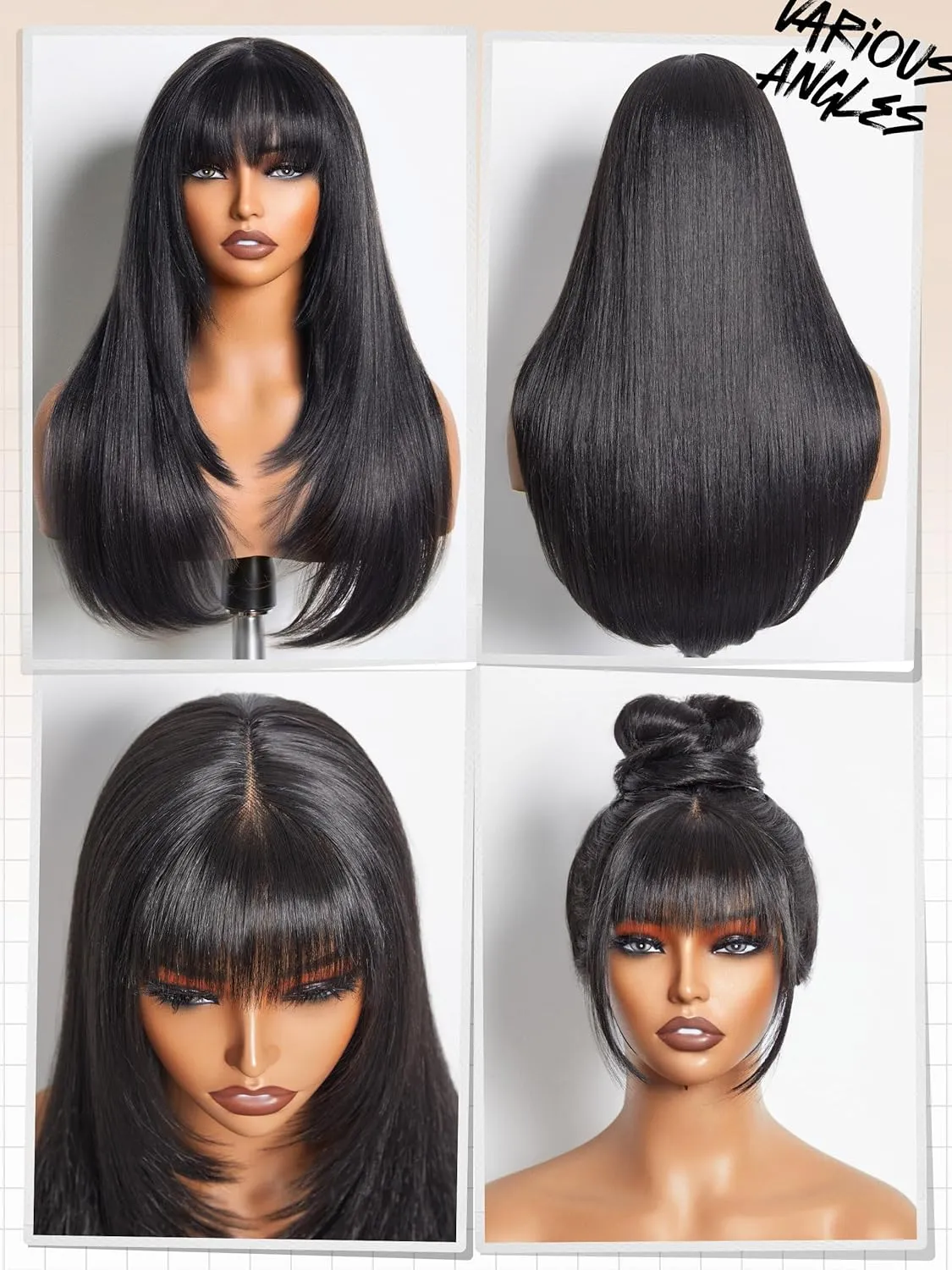 GORGIUS Layered Wigs with Bangs Ready to Go Straight Wig with Bangs 22 Inch Put On Go Black Bang Wigs Crafted with Style-Archive Synthetic Fiber Natural Pre-Plucked Hairline
