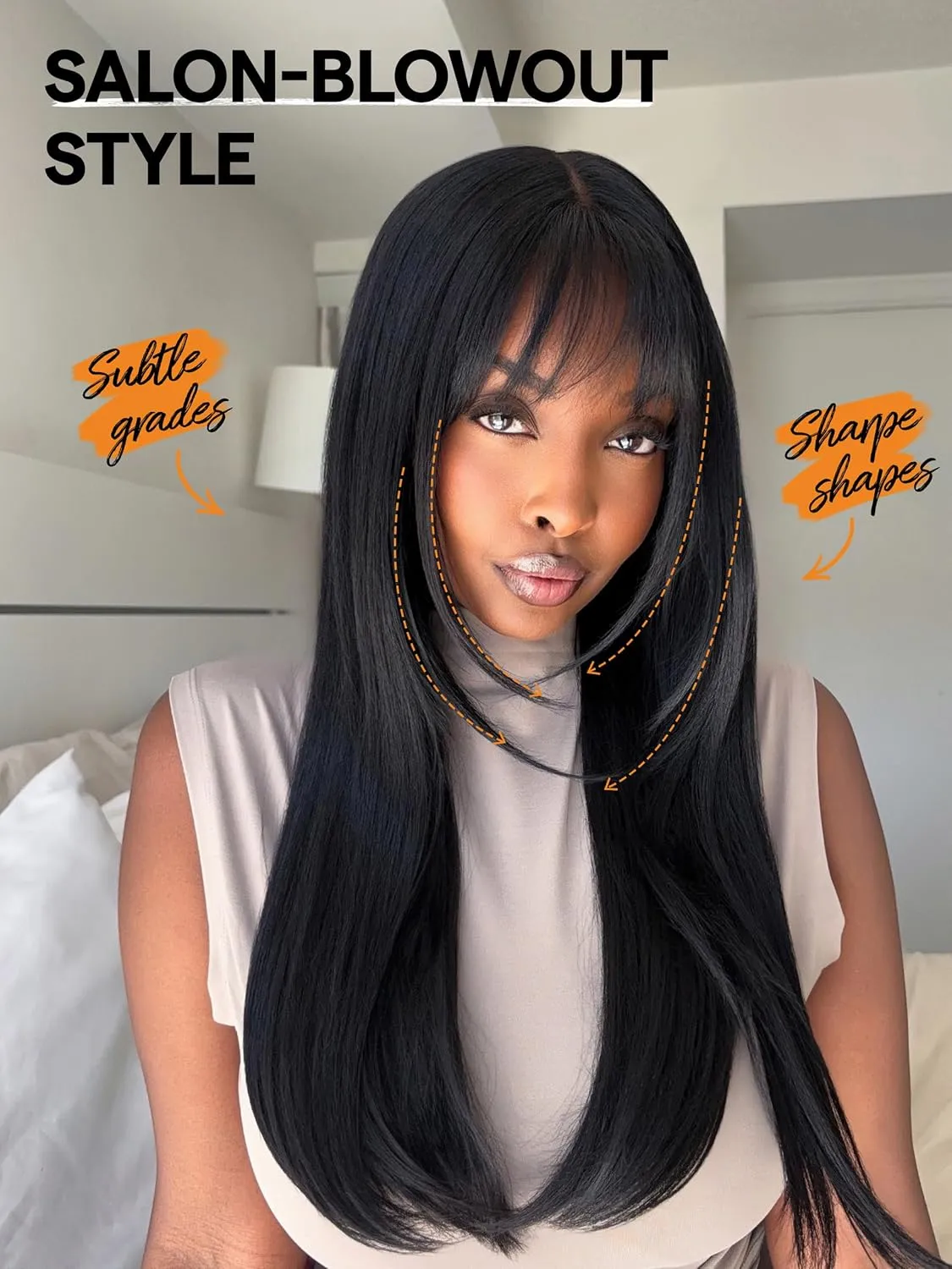 GORGIUS Layered Wigs with Bangs Ready to Go Straight Wig with Bangs 22 Inch Put On Go Black Bang Wigs Crafted with Style-Archive Synthetic Fiber Natural Pre-Plucked Hairline
