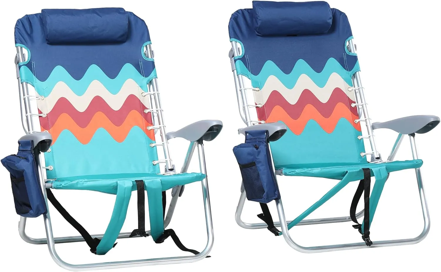 GREEN PARTY Backpack Beach Chairs 2 Pack Aluminum Lightweight Folding Reclining Beach Chairs, Cooler Bag, and Armrest for Outdoor Camping Lawn, Support 250LBS