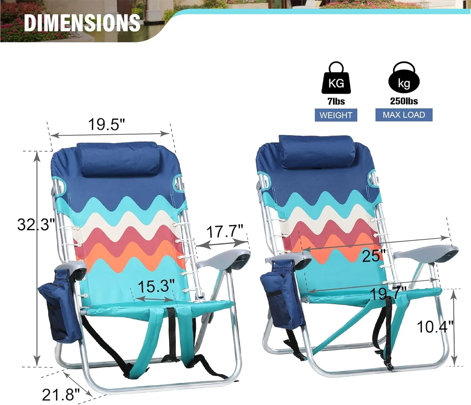 GREEN PARTY Backpack Beach Chairs 2 Pack Aluminum Lightweight Folding Reclining Beach Chairs, Cooler Bag, and Armrest for Outdoor Camping Lawn, Support 250LBS