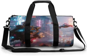 Gym Bag 17in for Men Women, Waterproof Foldable Sports Organizer, Durable Workout Travel Duffle Bag, Battle in Neon City-108