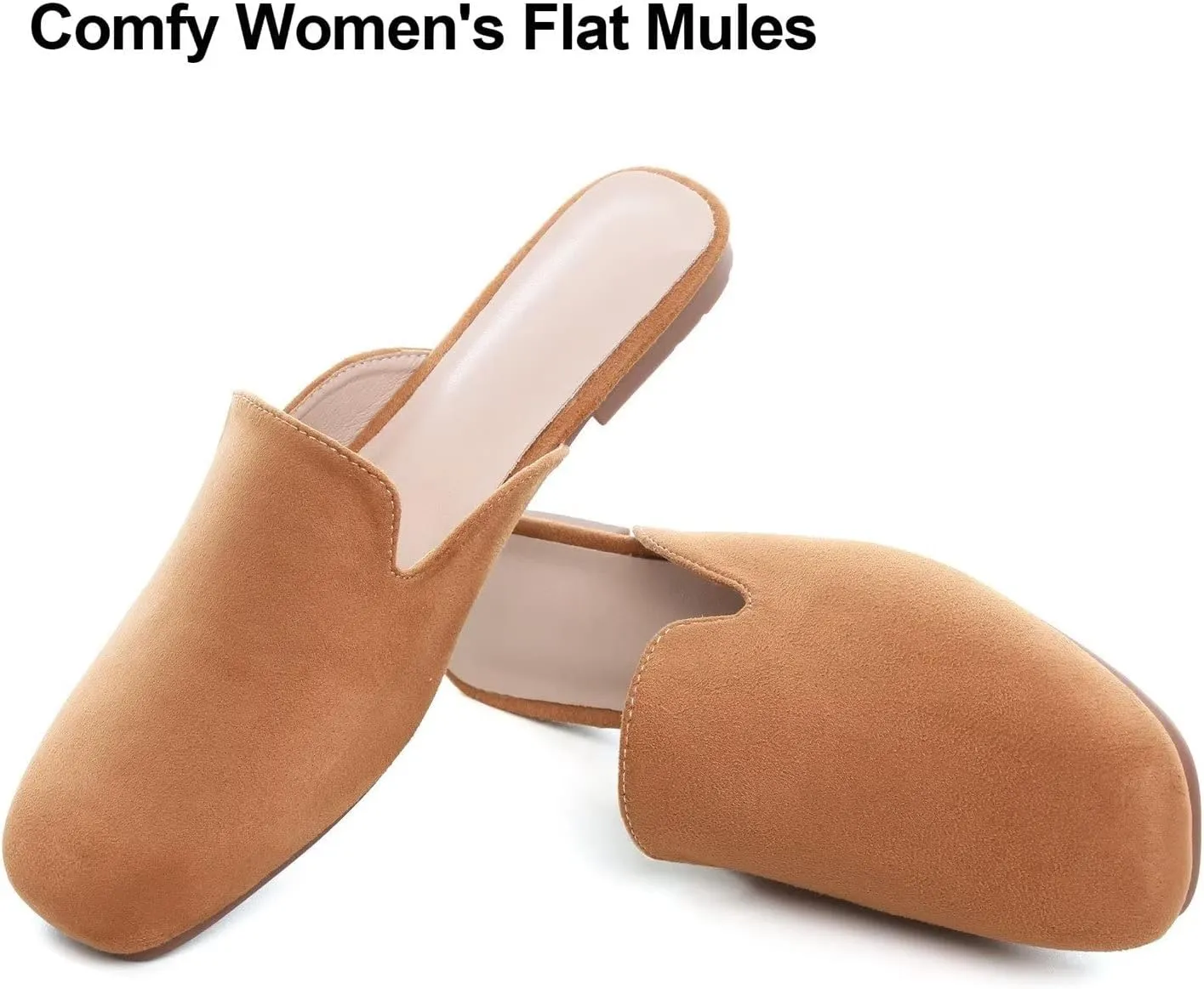 Hee grand Mules for Women Flats Square Toe Slip on Flat Slides Comfortable Suede Women Slippers Backless Loafer Shoes