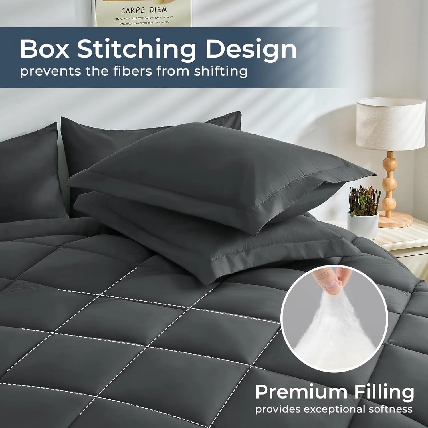 HEVUMYI Cali-King Comforter Set - 7-Piece All Season Bed in a Bag Cali-King, Ultra Soft Bedding Set with Comforter, Flat Sheet, Fitted Sheet, Pillowcases, Pillow Shams, Dark Grey