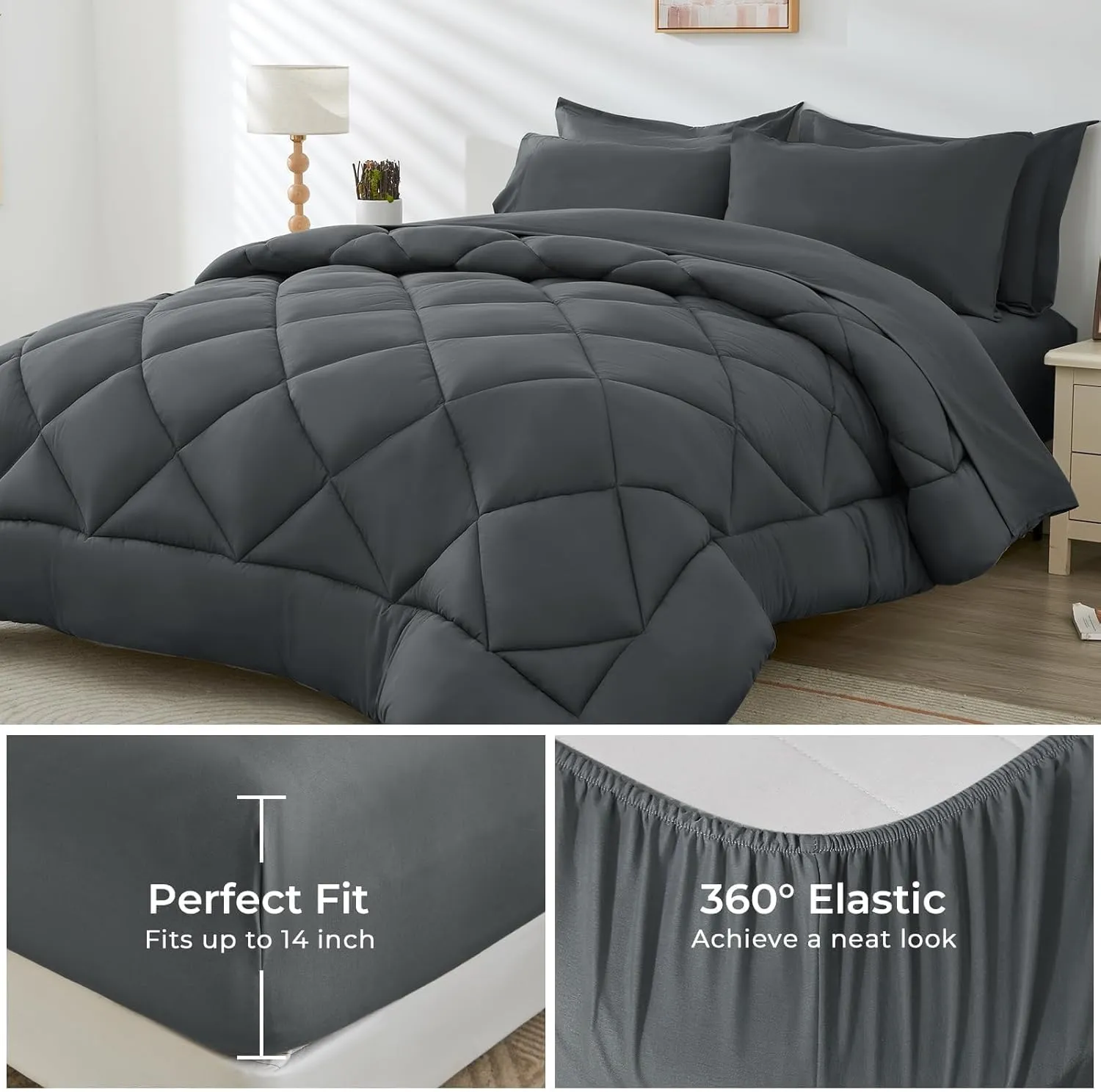 HEVUMYI Cali-King Comforter Set - 7-Piece All Season Bed in a Bag Cali-King, Ultra Soft Bedding Set with Comforter, Flat Sheet, Fitted Sheet, Pillowcases, Pillow Shams, Dark Grey