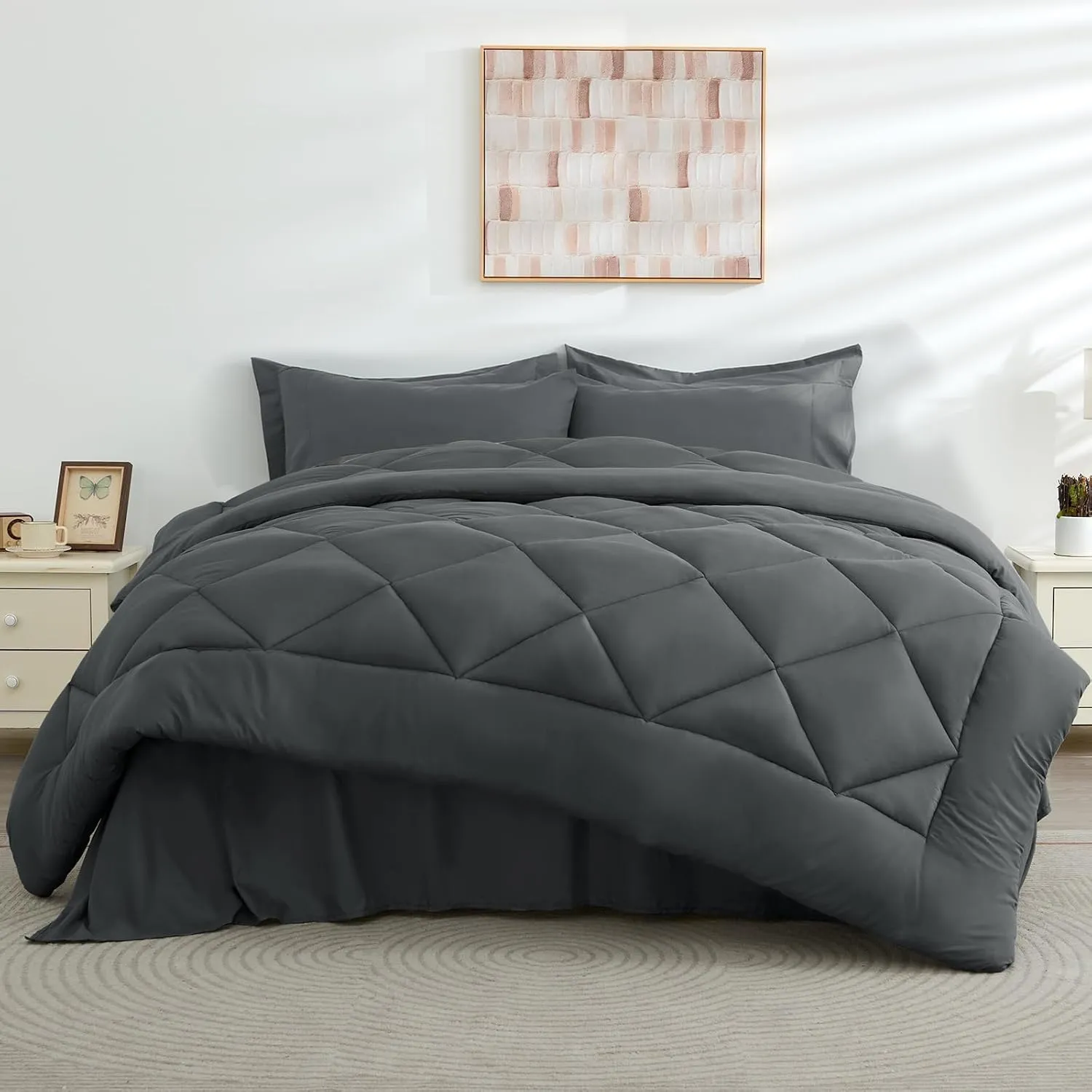 HEVUMYI Cali-King Comforter Set - 7-Piece All Season Bed in a Bag Cali-King, Ultra Soft Bedding Set with Comforter, Flat Sheet, Fitted Sheet, Pillowcases, Pillow Shams, Dark Grey