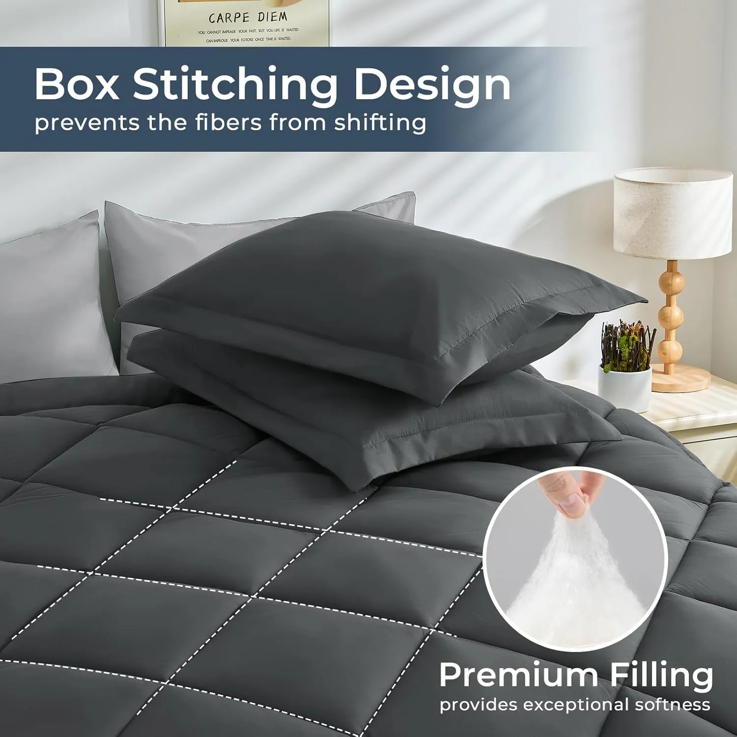 HEVUMYI Queen Comforter Set - 7-Piece All Season Bed in a Bag Queen, Ultra Soft Bedding Set with Comforter, Flat Sheet, Fitted Sheet, Pillowcases, Pillow Shams, Dark Grey & Light Grey