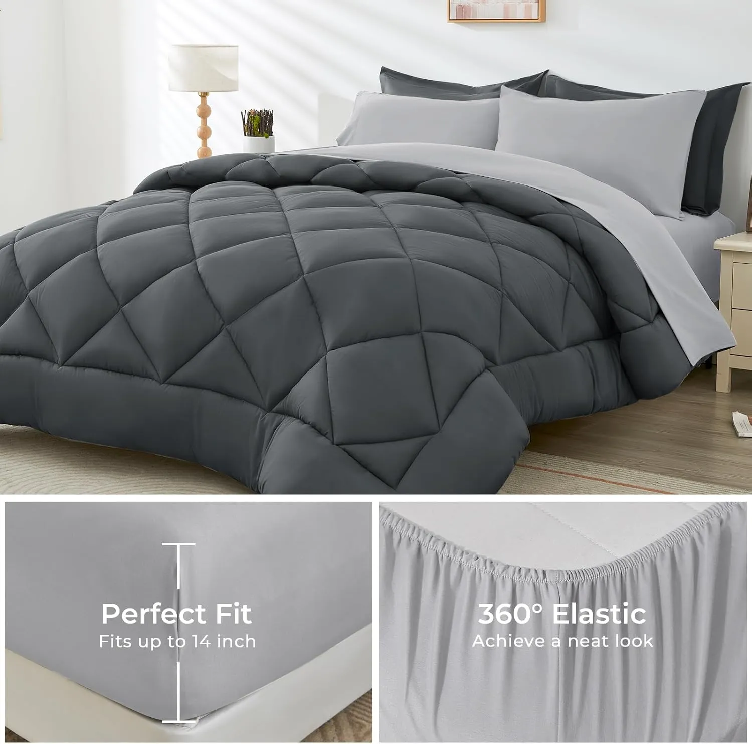 HEVUMYI Queen Comforter Set - 7-Piece All Season Bed in a Bag Queen, Ultra Soft Bedding Set with Comforter, Flat Sheet, Fitted Sheet, Pillowcases, Pillow Shams, Dark Grey & Light Grey
