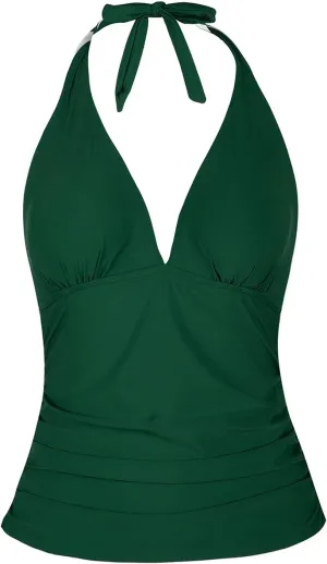 Hilor Women's Tummy Control Tankini Top Swimsuit Plunging V Neck Top Swimwear Halter Bathing Suits Swim Tops
