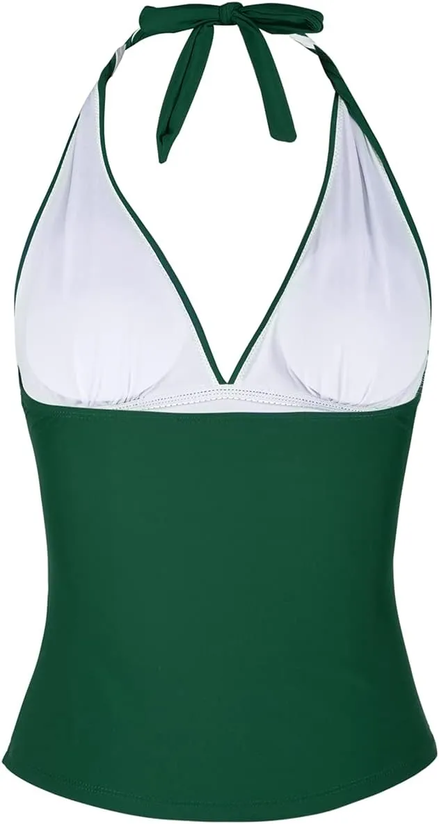 Hilor Women's Tummy Control Tankini Top Swimsuit Plunging V Neck Top Swimwear Halter Bathing Suits Swim Tops