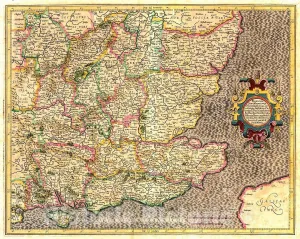 Historic Map - 1633 Mercator Map - Warwick, Northampton, Cambridge, Suffolk, Oxford, Buckingham, Bedford, Hartford, Essex, Berceria, Middlesex, Surrey, Sussex - Vintage Wall Art - 44in x 35in