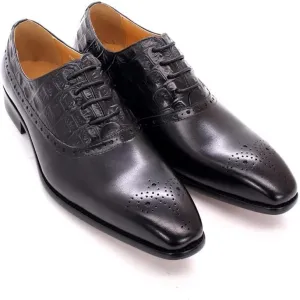 HOOENG Dress Oxford for Men Lace Up Brogue Embossed Crocodile Embossed Square Toe Cowhide Non Slip Resistive Block Heel Safe Sole Prom (Color : Black, Size : 7)