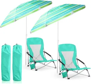 Huwena 2 Pack Beach Chair for Adult with 2 Umbrella Low Folding Chair Detachable Adjustable Lightweight with Armrests Cup Holder Carry Bag Portable for Sand Camping Travel Outdoor Pool (Green)
