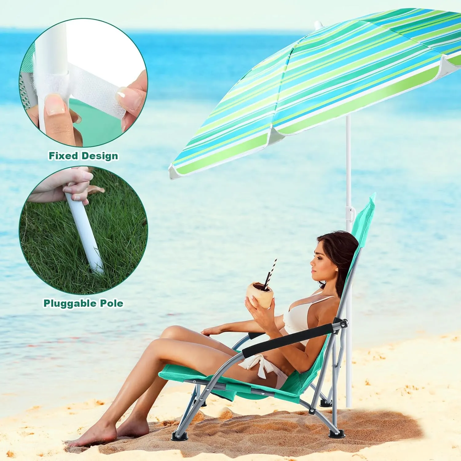 Huwena 2 Pack Beach Chair for Adult with 2 Umbrella Low Folding Chair Detachable Adjustable Lightweight with Armrests Cup Holder Carry Bag Portable for Sand Camping Travel Outdoor Pool (Green)