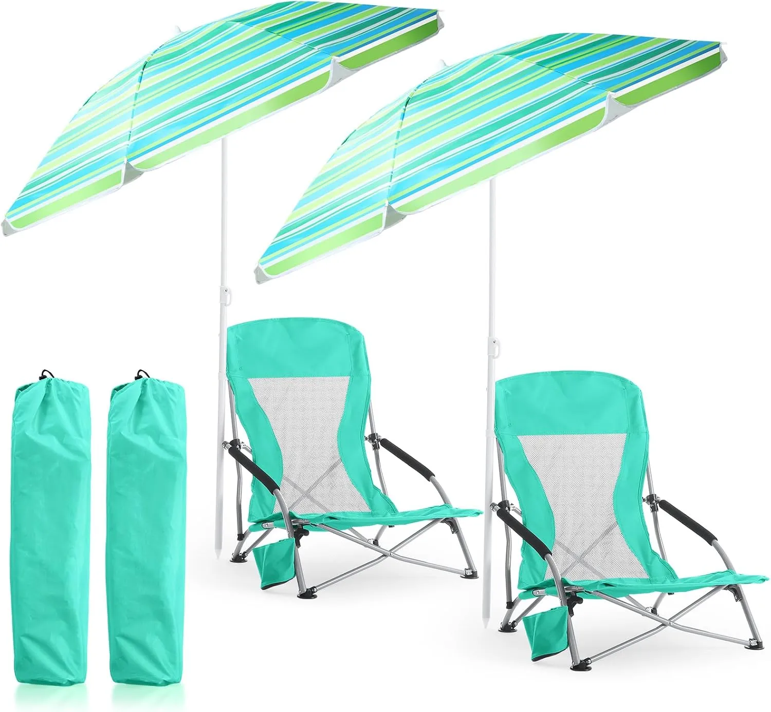 Huwena 2 Pack Beach Chair for Adult with 2 Umbrella Low Folding Chair Detachable Adjustable Lightweight with Armrests Cup Holder Carry Bag Portable for Sand Camping Travel Outdoor Pool (Green)