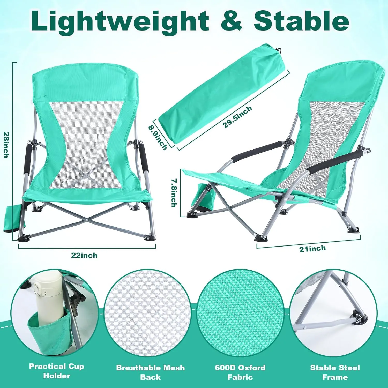 Huwena 2 Pack Beach Chair for Adult with 2 Umbrella Low Folding Chair Detachable Adjustable Lightweight with Armrests Cup Holder Carry Bag Portable for Sand Camping Travel Outdoor Pool (Green)