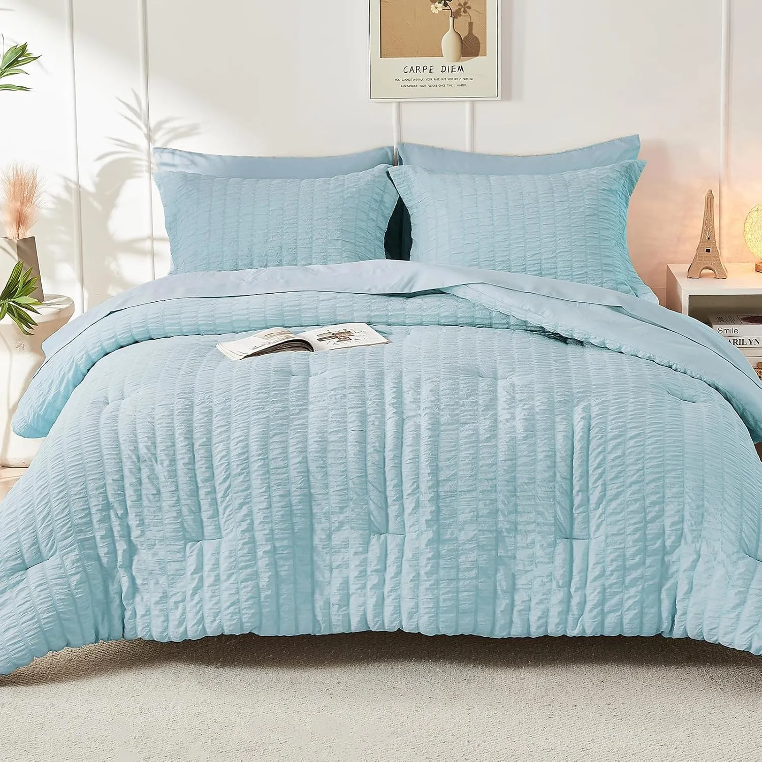 HYMOKEGE Lake Blue Queen Comforter Set Seersucker 7 Pieces, All Season Luxury Bed in a Bag for Bedroom, Bedding Set with Comforters, Sheets, Pillowcases & Shams