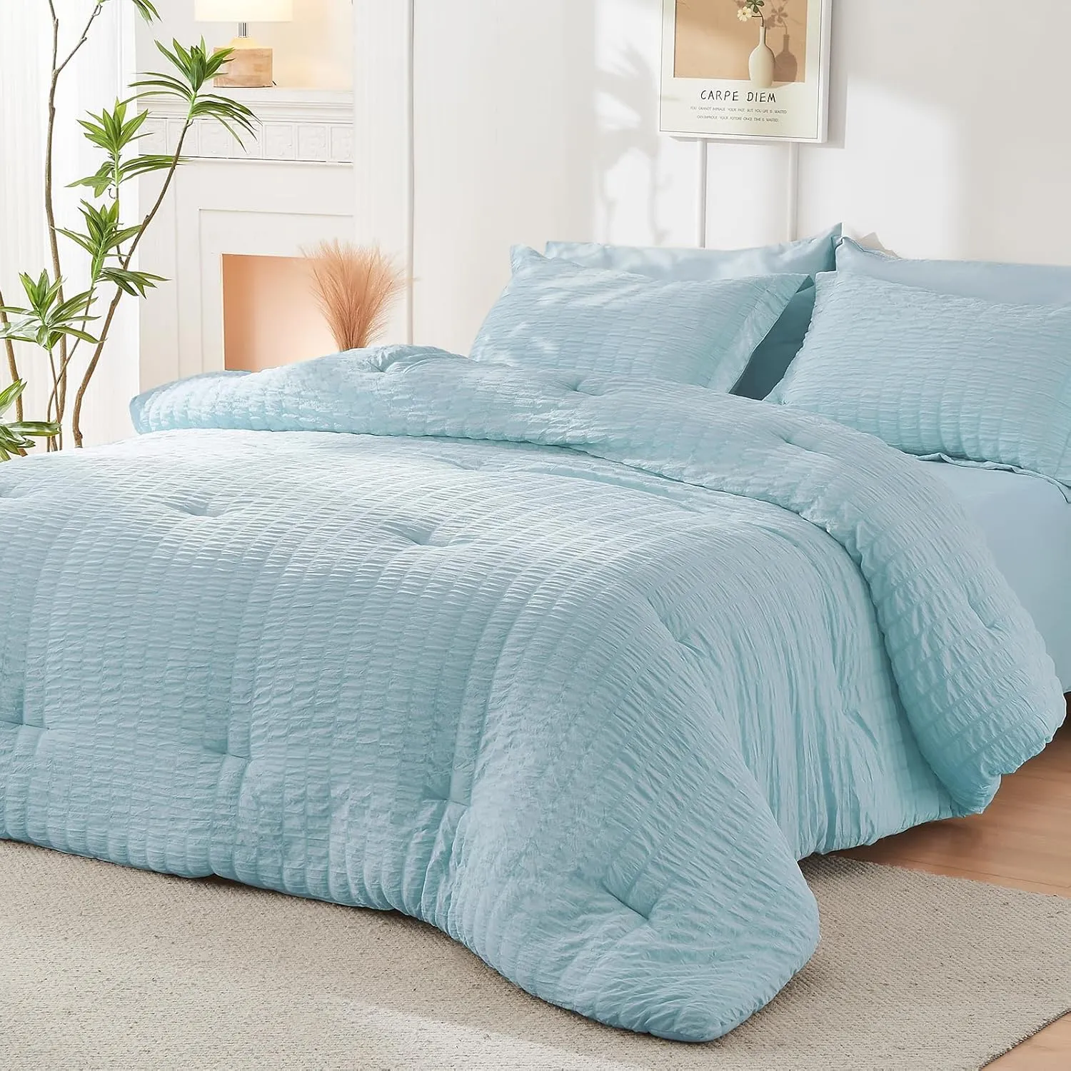 HYMOKEGE Lake Blue Queen Comforter Set Seersucker 7 Pieces, All Season Luxury Bed in a Bag for Bedroom, Bedding Set with Comforters, Sheets, Pillowcases & Shams