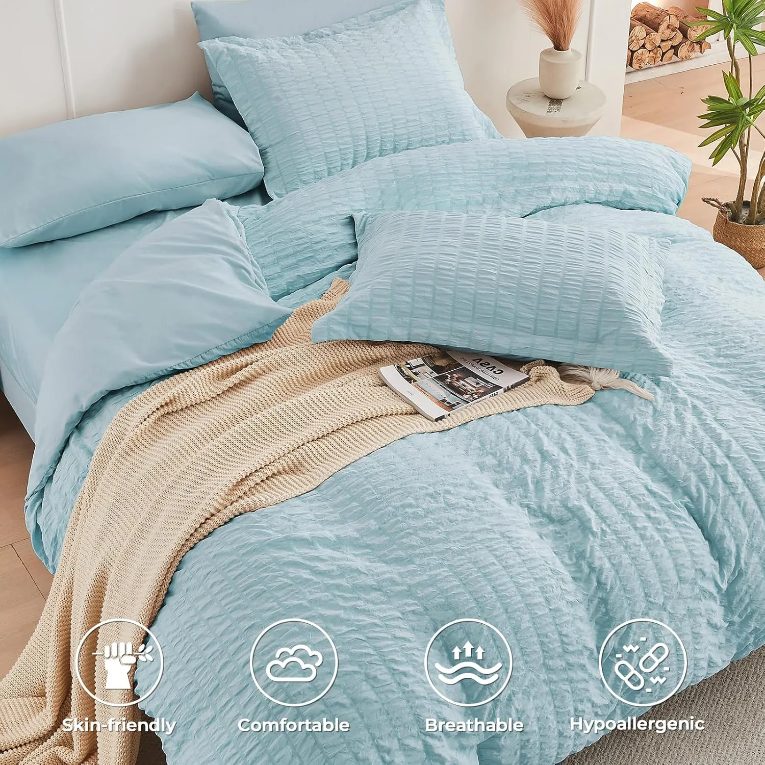 HYMOKEGE Lake Blue Queen Comforter Set Seersucker 7 Pieces, All Season Luxury Bed in a Bag for Bedroom, Bedding Set with Comforters, Sheets, Pillowcases & Shams