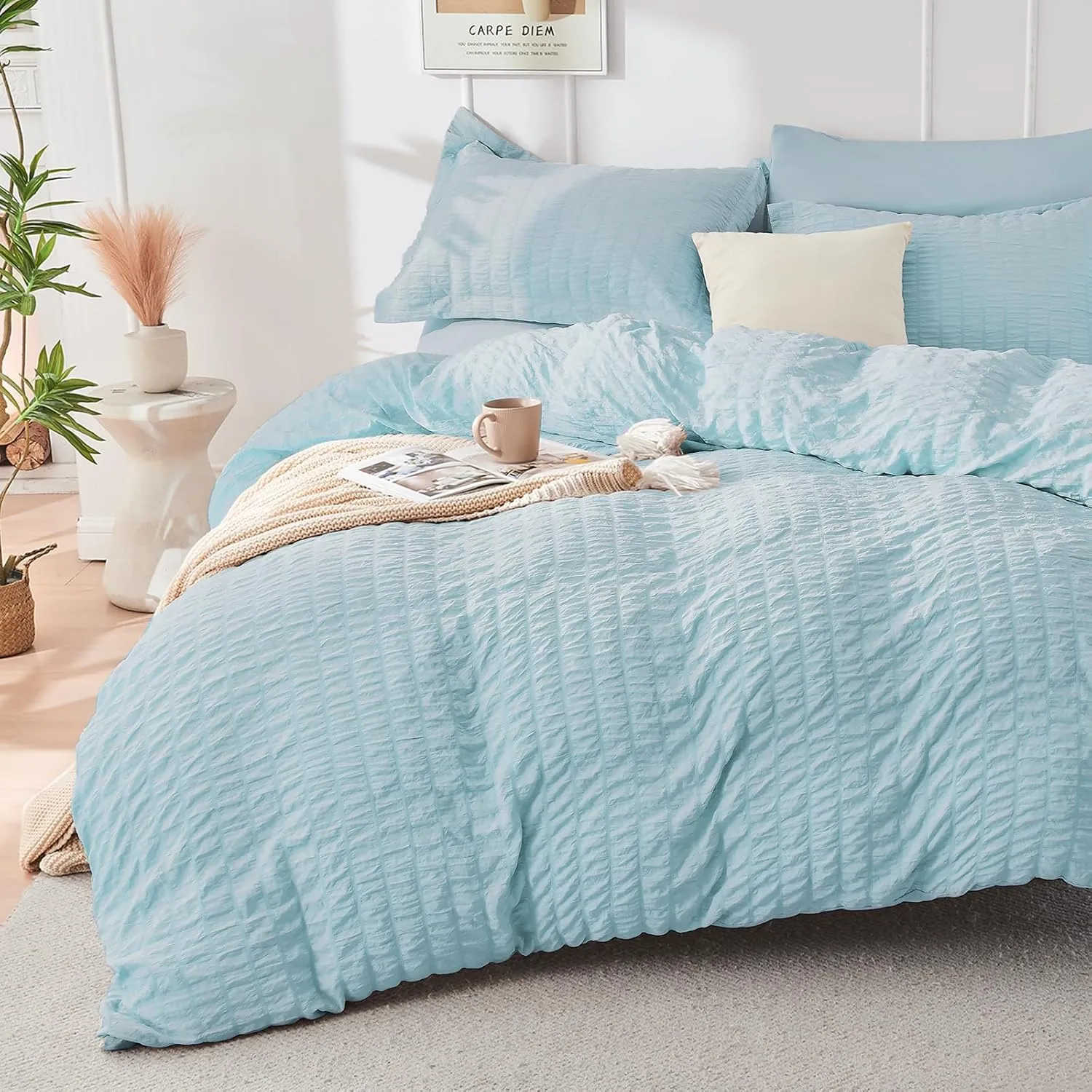HYMOKEGE Lake Blue Queen Comforter Set Seersucker 7 Pieces, All Season Luxury Bed in a Bag for Bedroom, Bedding Set with Comforters, Sheets, Pillowcases & Shams