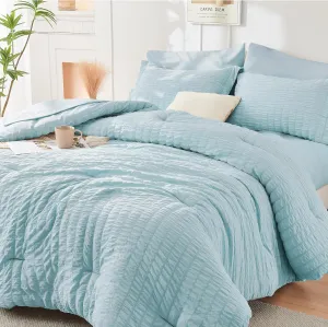 HYMOKEGE Lake Blue Queen Comforter Set Seersucker 7 Pieces, All Season Luxury Bed in a Bag for Bedroom, Bedding Set with Comforters, Sheets, Pillowcases & Shams