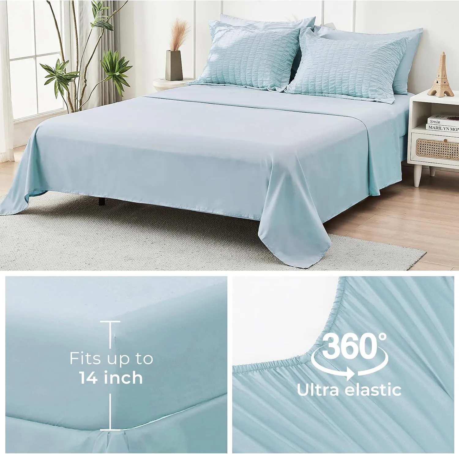 HYMOKEGE Lake Blue Queen Comforter Set Seersucker 7 Pieces, All Season Luxury Bed in a Bag for Bedroom, Bedding Set with Comforters, Sheets, Pillowcases & Shams