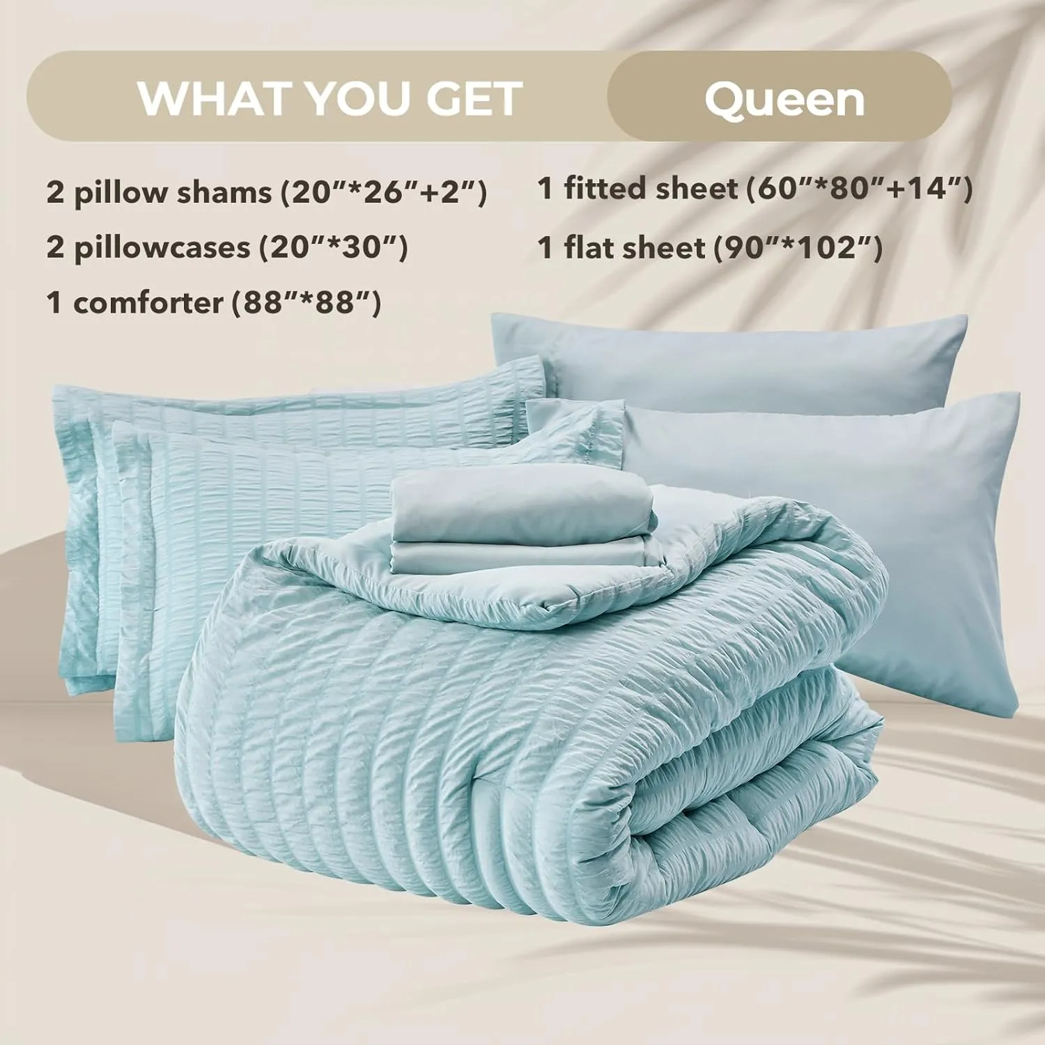 HYMOKEGE Lake Blue Queen Comforter Set Seersucker 7 Pieces, All Season Luxury Bed in a Bag for Bedroom, Bedding Set with Comforters, Sheets, Pillowcases & Shams