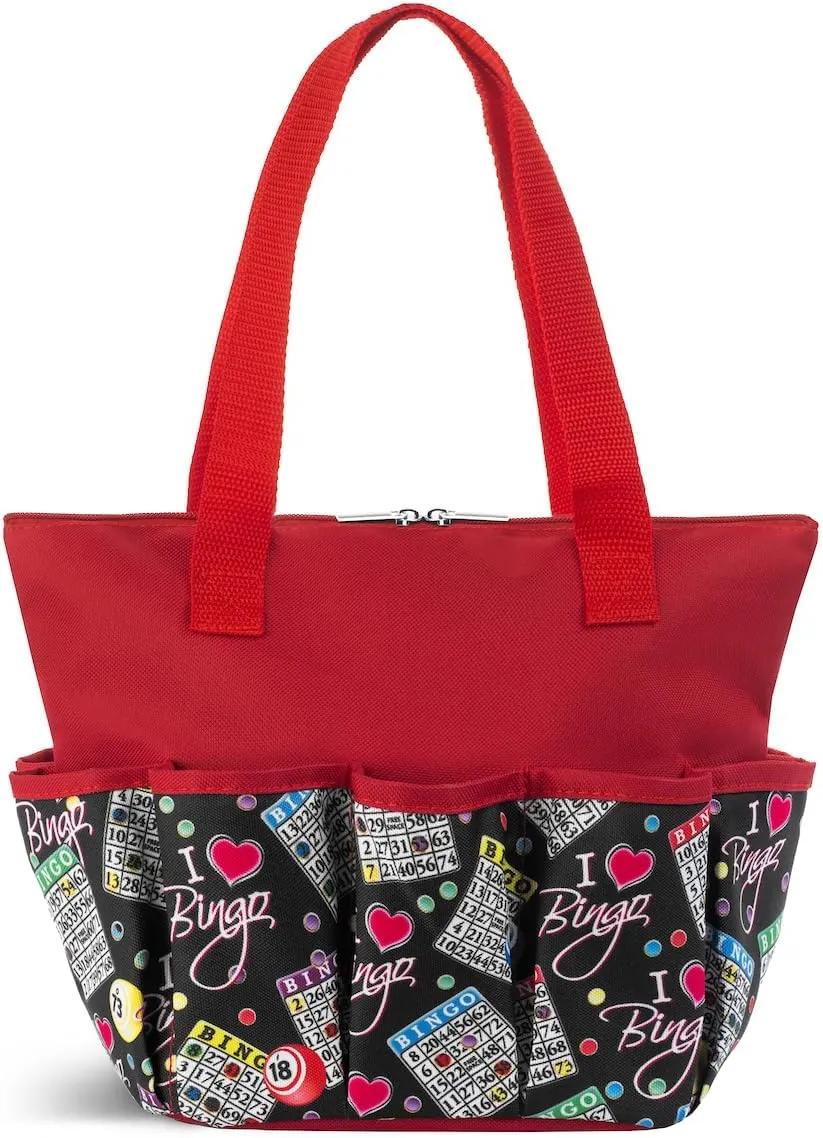 I love Bingo Black Stylish Pattern Tote with 10 Pockets for Daubers, Dabbers, Markers, and Accessories – Portable Bingo Bag with Zipper for Bingo Lovers & Players - Adults & Seniors (Red)