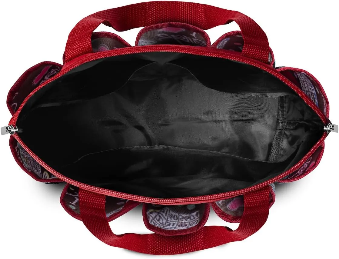 I love Bingo Black Stylish Pattern Tote with 10 Pockets for Daubers, Dabbers, Markers, and Accessories – Portable Bingo Bag with Zipper for Bingo Lovers & Players - Adults & Seniors (Red)