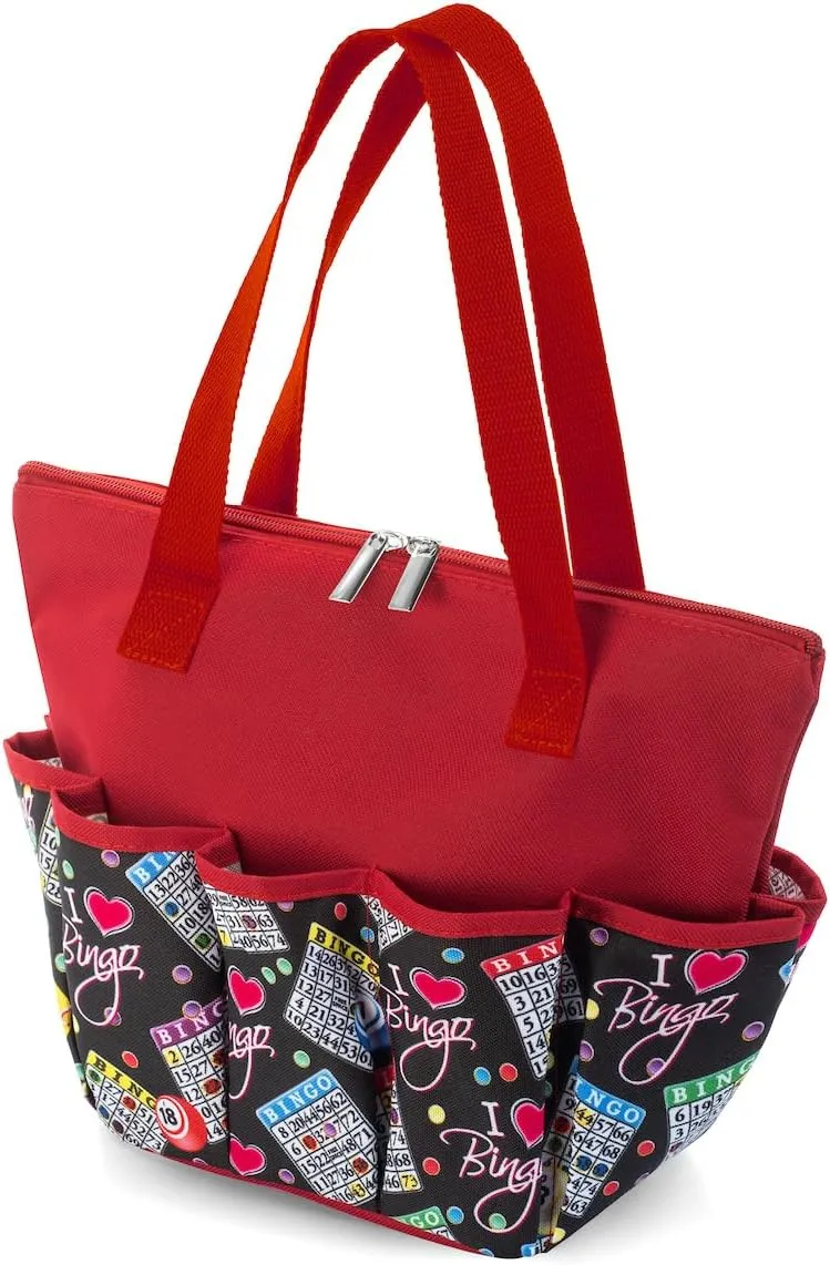 I love Bingo Black Stylish Pattern Tote with 10 Pockets for Daubers, Dabbers, Markers, and Accessories – Portable Bingo Bag with Zipper for Bingo Lovers & Players - Adults & Seniors (Red)