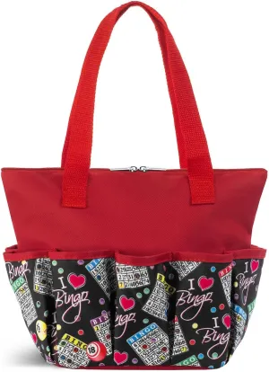 I love Bingo Black Stylish Pattern Tote with 10 Pockets for Daubers, Dabbers, Markers, and Accessories – Portable Bingo Bag with Zipper for Bingo Lovers & Players - Adults & Seniors (Red)